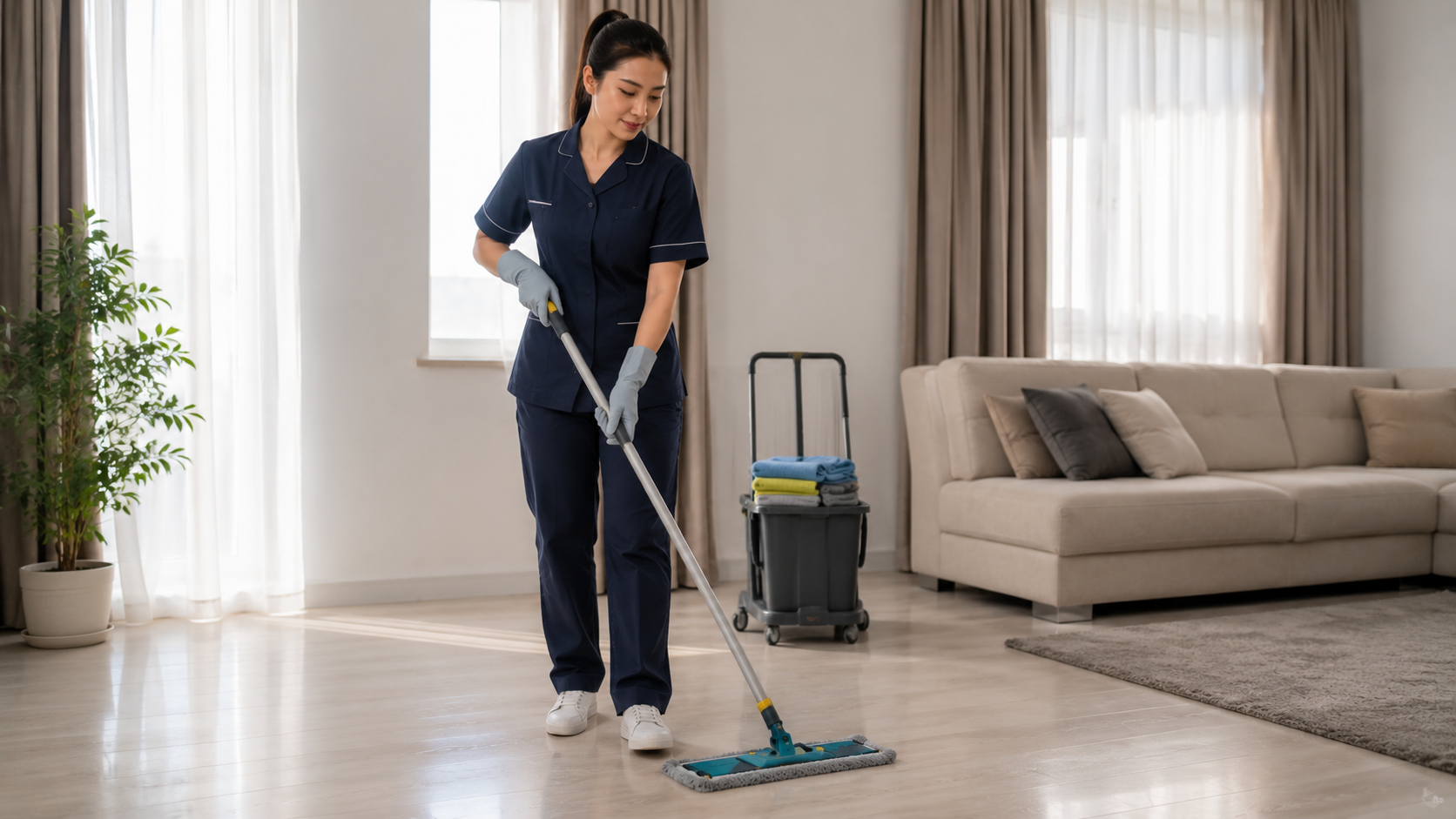 Клинер в форме с инвентарём в светлой прибранной квартире в Караганде после уборки, чистый пол с бликом